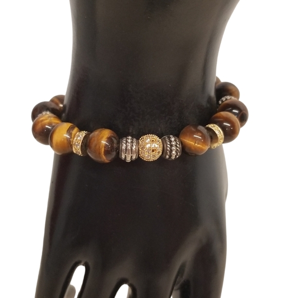 VINTAGE GENUINE TIGERS EYE GEMSTONE & CRYSTAL BEAD STRETCH BRACELET - Picture 1 of 6